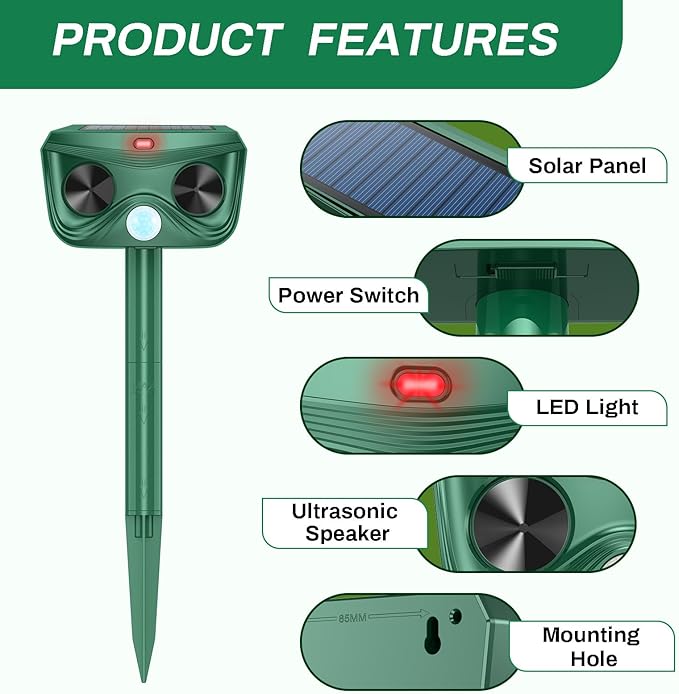 4 Pack Ultrasonic Animal Repeller Deer Repellent Outdoor Solar Deer Repllent Devices Animal Deterrent Scare Raccoon, Cat, Rabbit, Dog, Waterproof with Motion Detector for Yard Garden