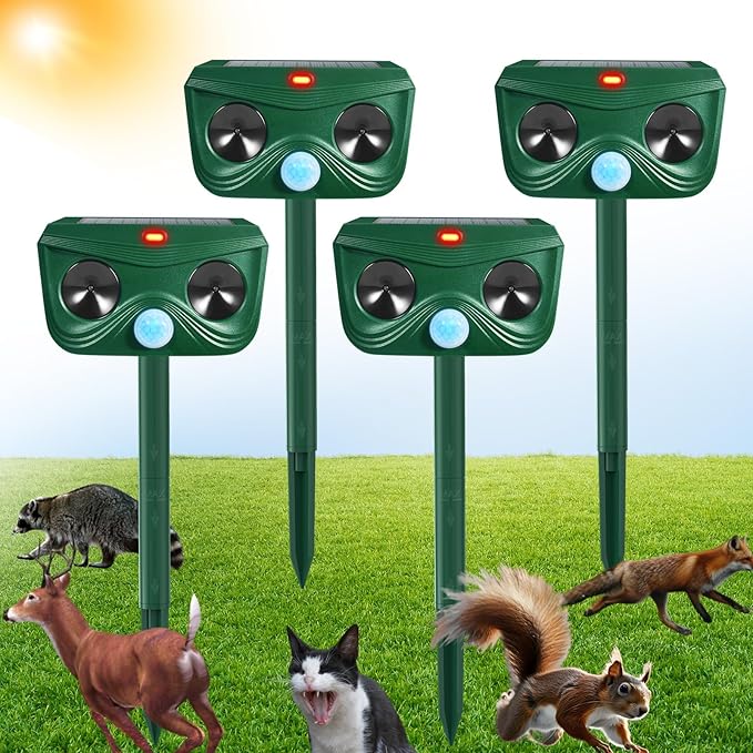 4 Pack Ultrasonic Animal Repeller Deer Repellent Outdoor Solar Deer Repllent Devices Animal Deterrent Scare Raccoon, Cat, Rabbit, Dog, Waterproof with Motion Detector for Yard Garden